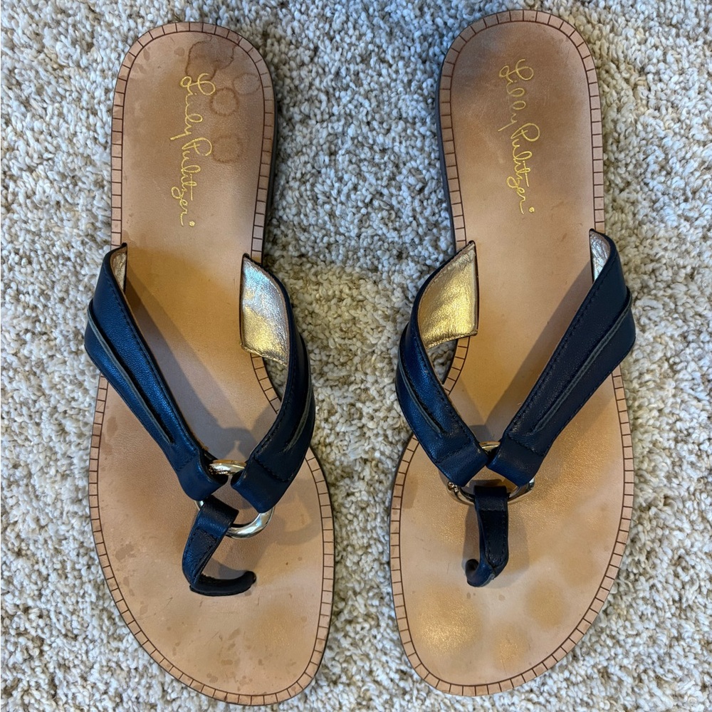 Lilly Pulitzer McKim Thong Sandals - Navy Leather with Gold Ring - Size 10